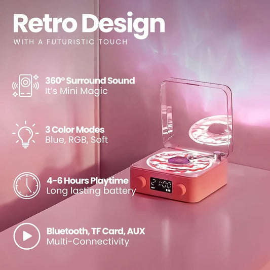Waves Retro Vinyl Speaker – Mini Record Player Style Bluetooth Speaker with Ambient Light & Ocean Sounds
