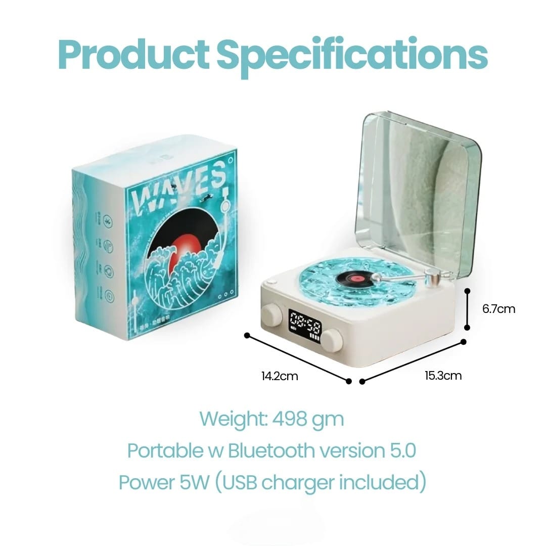 Waves Retro Vinyl Speaker – Mini Record Player Style Bluetooth Speaker with Ambient Light & Ocean Sounds