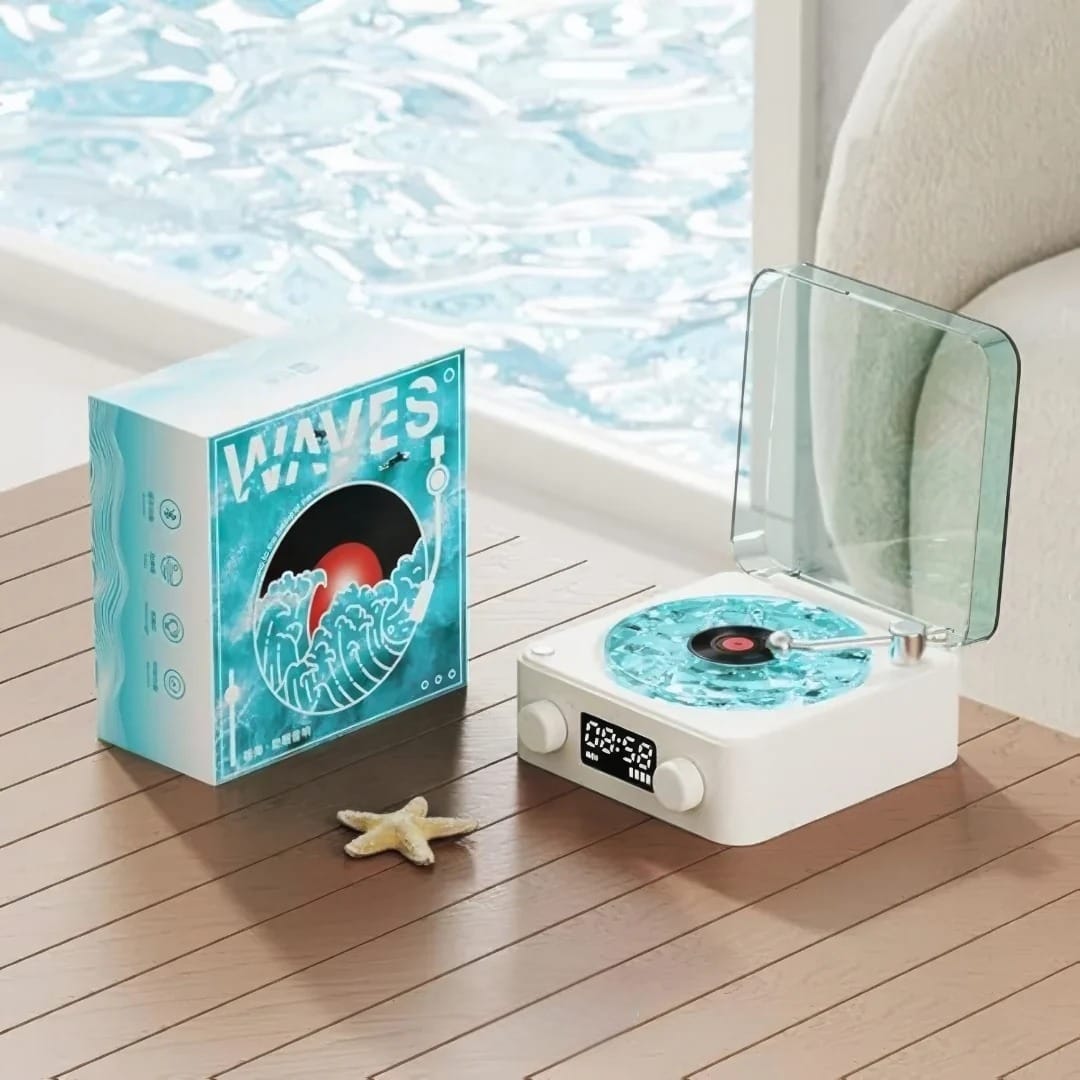 Waves Retro Vinyl Speaker – Mini Record Player Style Bluetooth Speaker with Ambient Light & Ocean Sounds