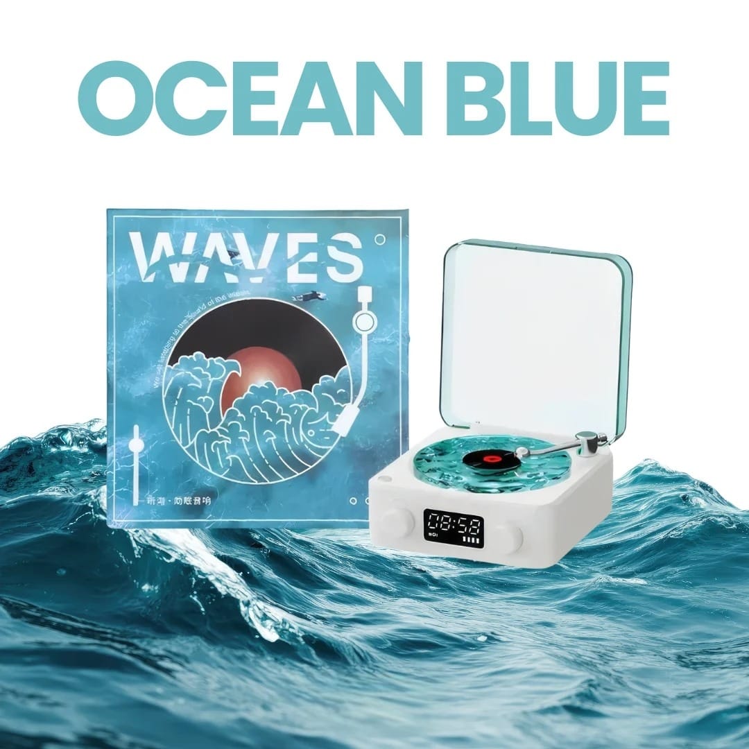 Waves Retro Vinyl Speaker – Mini Record Player Style Bluetooth Speaker with Ambient Light & Ocean Sounds
