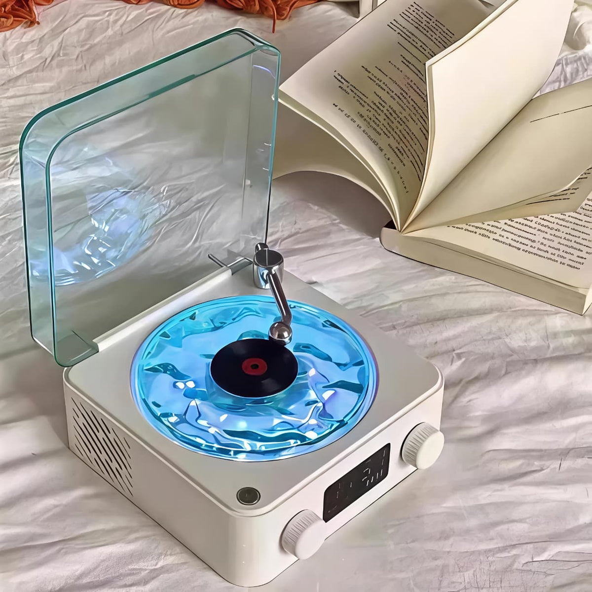Waves Retro Vinyl Speaker – Mini Record Player Style Bluetooth Speaker with Ambient Light & Ocean Sounds
